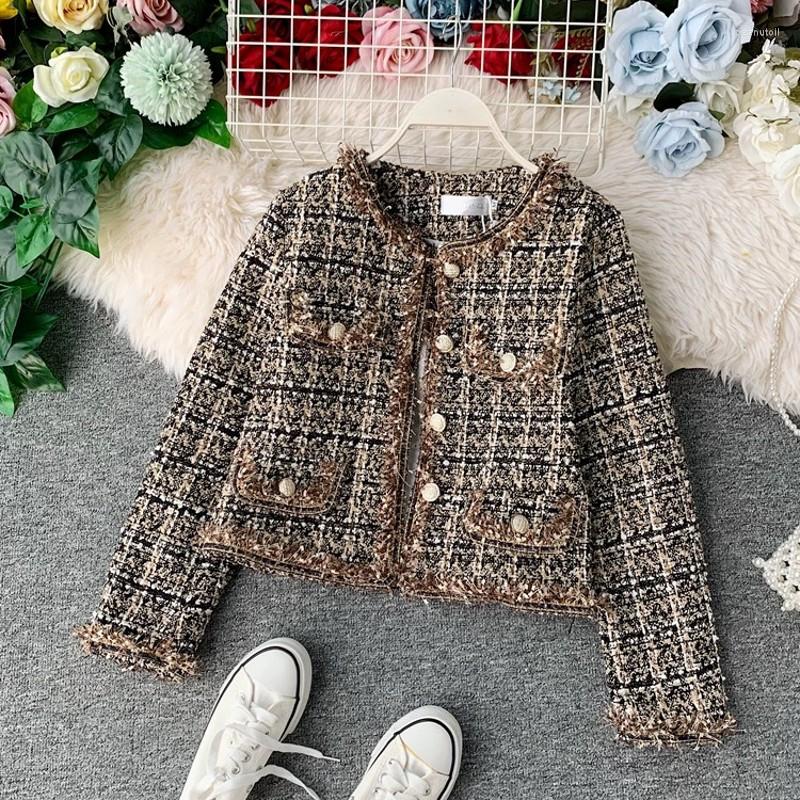 

Women' Jackets Runway Fall Winter Vintage Tweed Jacket Women' Korean Woollen Cropped Tassel Coats Elegant Short Outerwear Top Casacos, Black