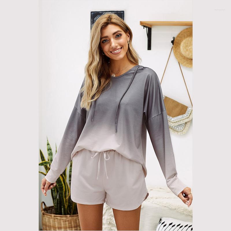 

Women's Two Piece Pants Women Casual Gradient Color Hooded 2 Pieces Set Tie Dye Long Sleeve Loose Plus Size Pullover Tops Drawstring Short, Blue