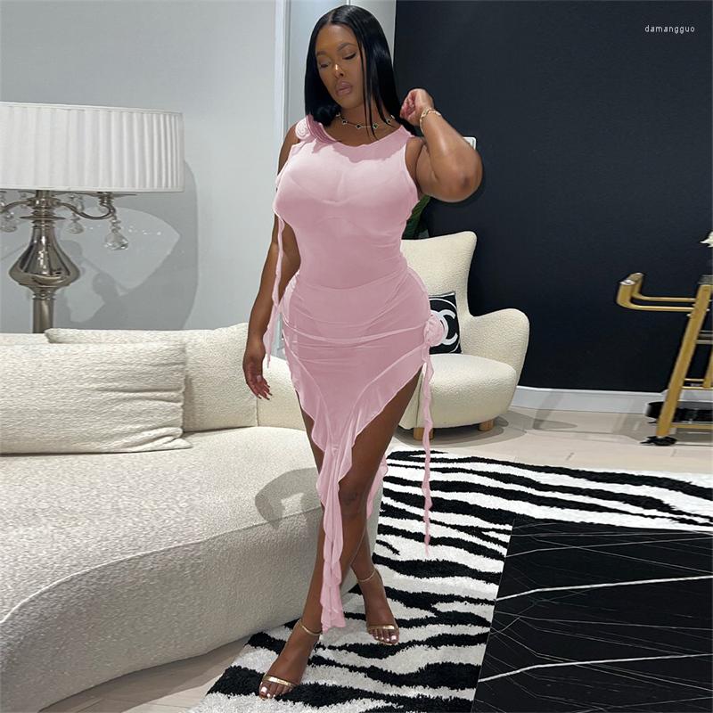 

Casual Dresses Znaiml Sexy Mesh See Through Side Split Ruffles Long Maxi For Women Party Night Club Outfit Appliques With Underwear, Pink