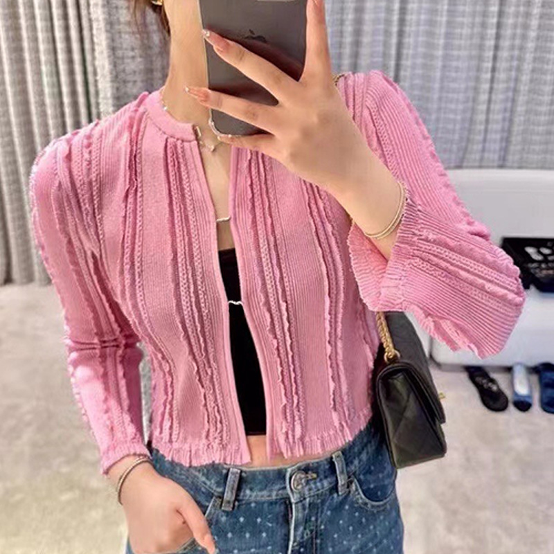 

Fashion Classic Trendy Luxury Designer cloth 2023 Women Spring New Vertical Lace Slim Fit Sun Protection Coat with Wood Ear Edge Short Knitted Cardigan