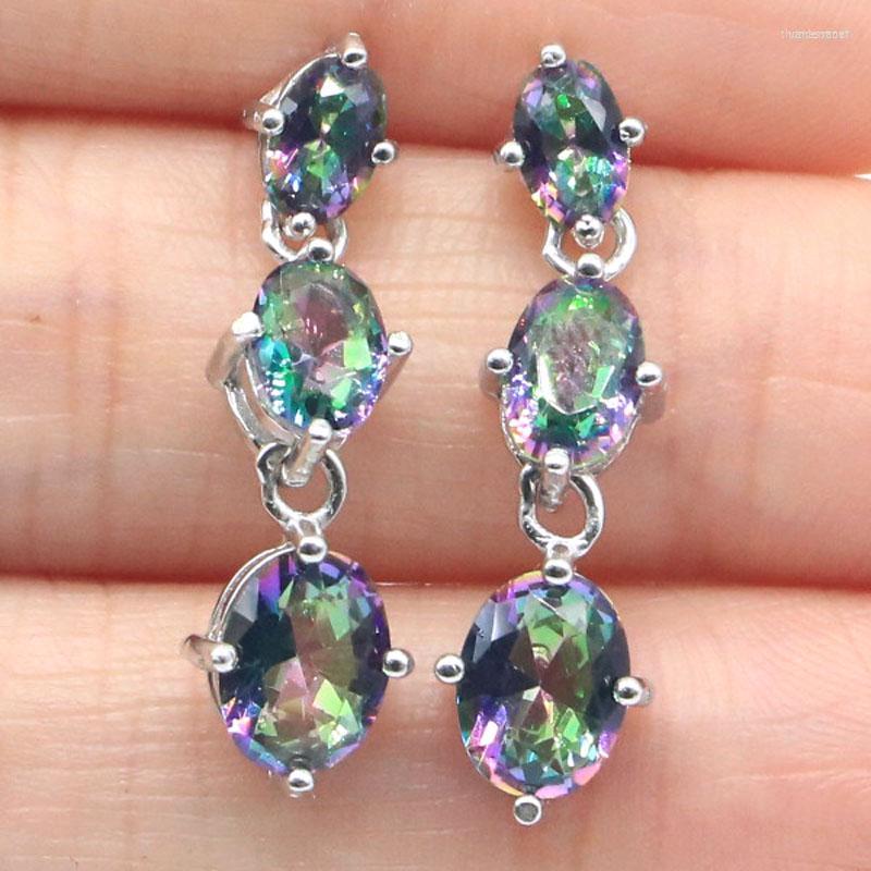 

Dangle Earrings 28x8mm Jazaz 3.4g Real 925 Solid Sterling Silver Fire Rainbow Mystic Topaz Violet Tanzanite Females Gift