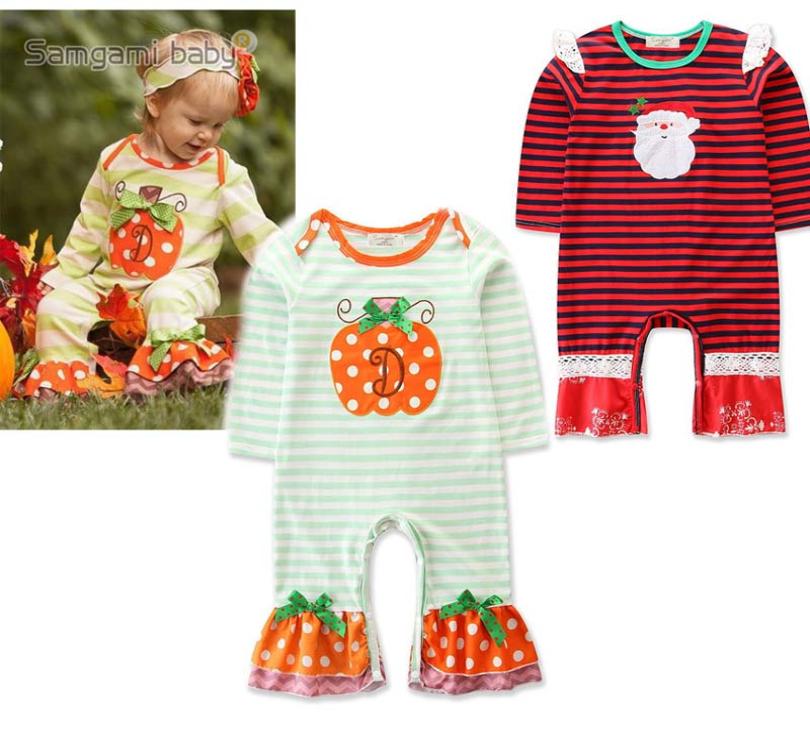 

New Halloween Pumpkin Baby Rompers Stripe  Clothes Girls Cute Long Sleeve Infant One Piece Clothing A19339155151, Red