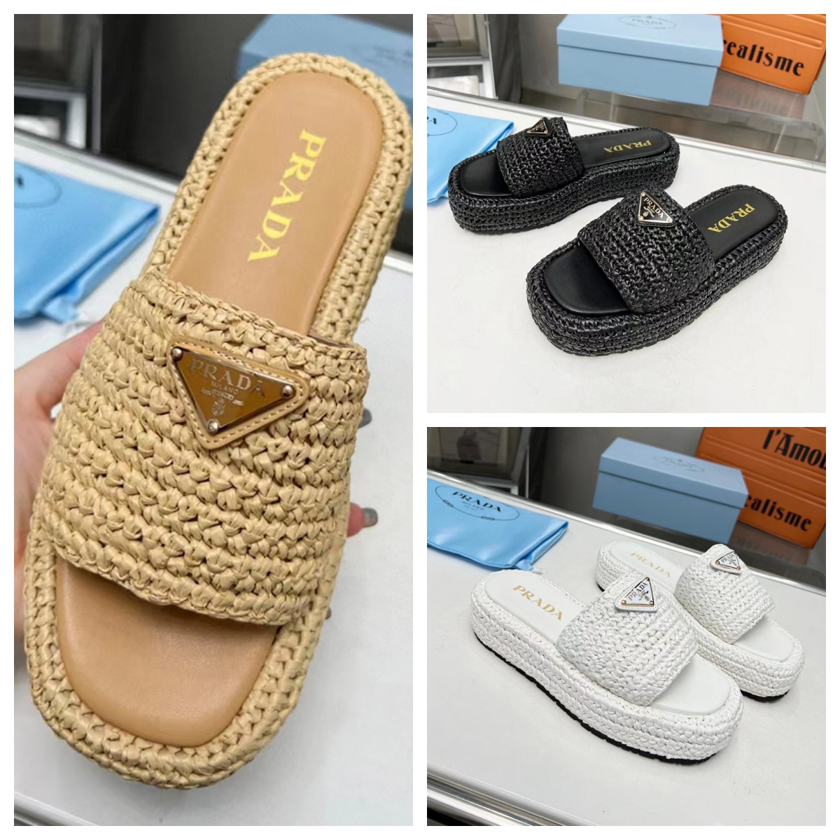 

Dupe 1:1 Pra-da Straw Woven Women Slippers Thick Sole Sandals Size EUR35-41 With Metal Triangle, #3