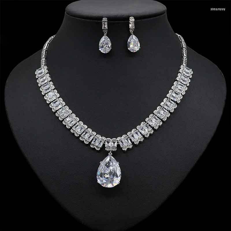 

Necklace Earrings Set HIBRIDE Sparkly Cubic Zirconia Water Drop Jewelry For Women Bride And Earring Wedding Dress N-323, Picture shown