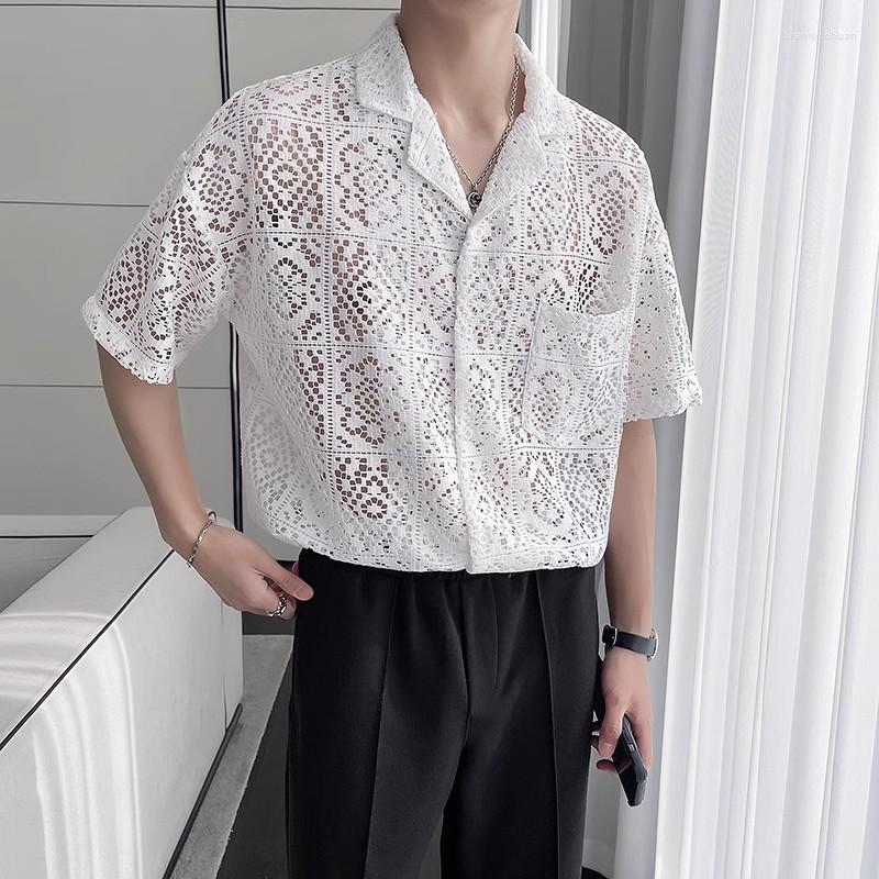 

Men's Casual Shirts Men's See-through Hollow Out Shirt Blouse Sexy Cuban Collar Short Sleeved Button-down Men Floral Roupa Masculina, White