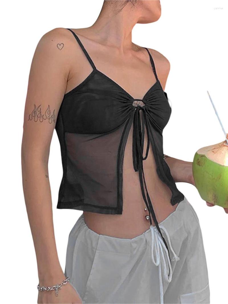 

Women' Tanks Sexy Sheer Mesh Camisole With Front Drawstring And Cropped Sleeveless Design - Perfect Summer Fashion Tank Top For Streetwear, Black