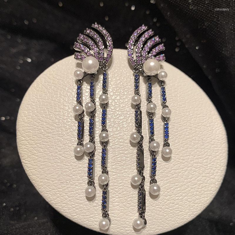 

Dangle Earrings Bilincolor Trendy Zircon And Pearl Purple Blue Tassel Earring For Women