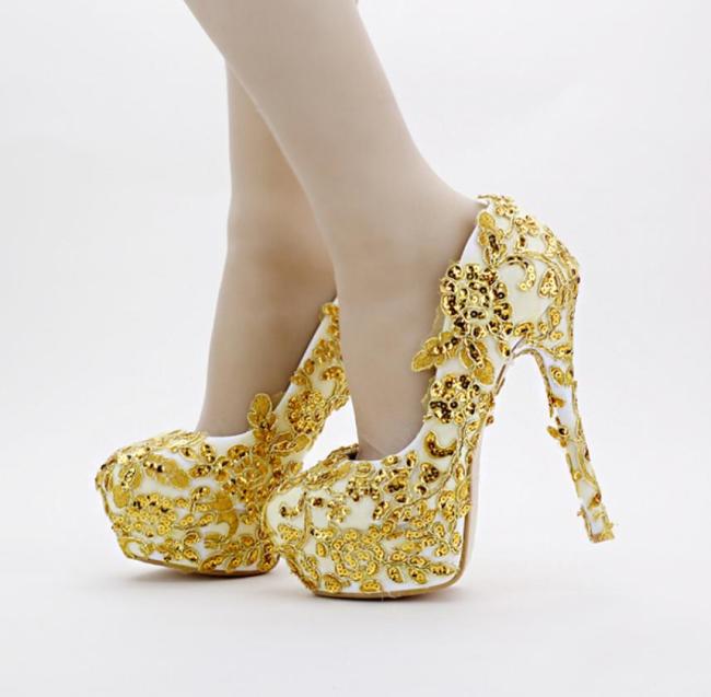

Gold Bridal Shoes Lace Glitter Formal Dress Shoes Stiletto Heel Handmade 14cm Heels Women Evening Party Bridesmaid Pumps3458507