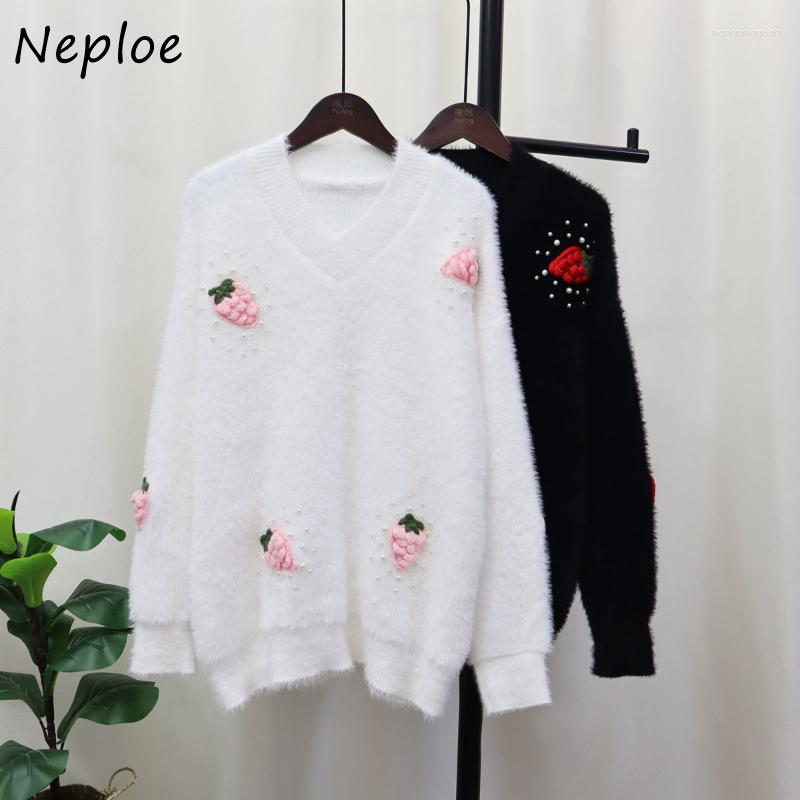 

Women's Sweaters Neploe O Neck Solid Color Long Sleeve Pull Femme Spring Vintage Knitted Pullover Jumpers Beading Stereo Strawberry Sweater, White