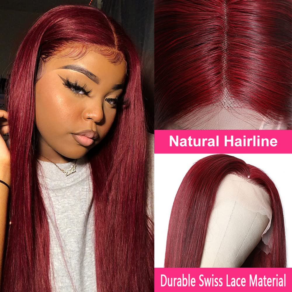

Long Straight Lace Wigs For Black Women Wine Red Lace Wig Pre Plucked With Baby Hair Heat Party, Burgundy