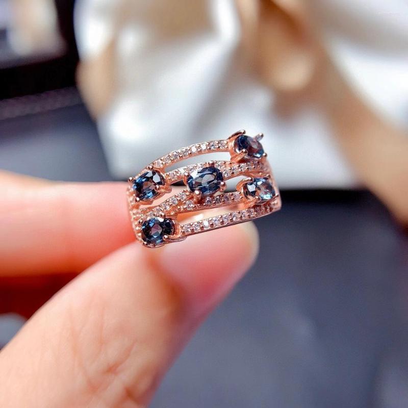 

Cluster Rings Luxurious Big Width Row Geometry Natural London Blue Topaz Ring S925 Silver Gemstone Women's Party Gift Jewelry