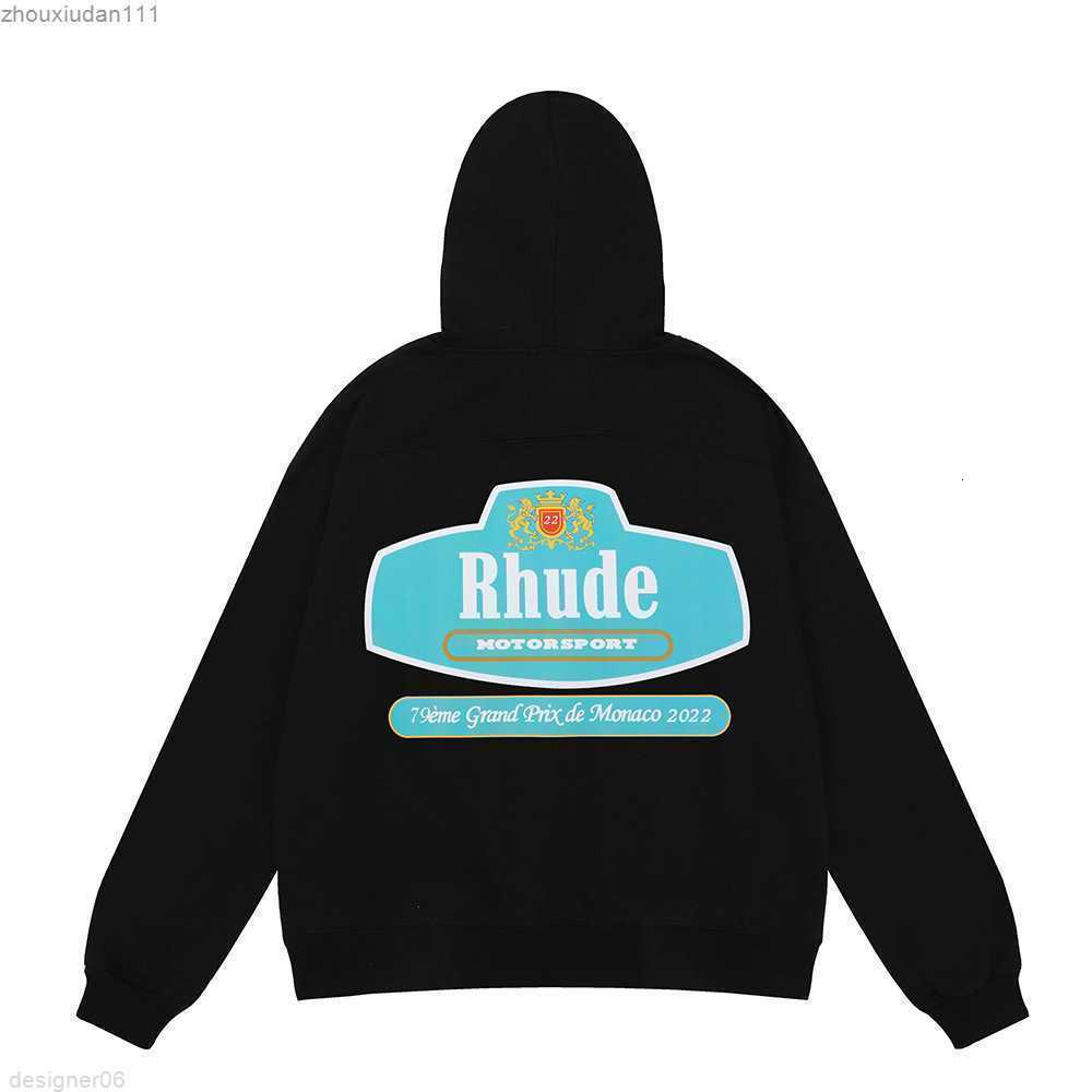 

Ins Us Fashion Rhude Racing Crest Letter Printed Terry Hoodie Men' and Women' Loose Cotton Hooded Jackets Coats, Black