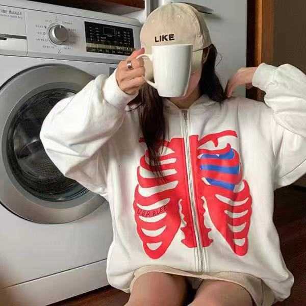 

2023 New Cardigan Sweater Side Insert Skull Sternum Print Hoodie Spring and Autumn Fleece Coat, White