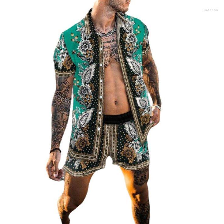 

Men' Tracksuits Two Piece Green Vintage Blouse Shirt Casual Loose Short Sleeved Shorts Beach Suit, Picture shown