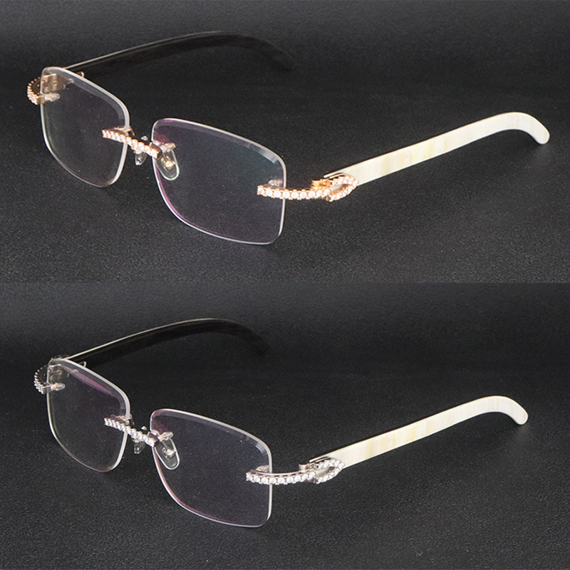

New Designer Moissanite Diamond Set Rimles Eyewear Women Mens Original Black Buffalo Horn Conches Optical Rimless Glasses Mens Wooden Eyeglasses Red Wood Size 57