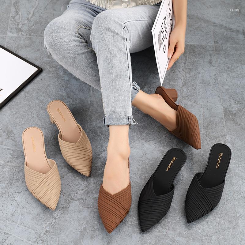 

Slippers 2023 High Heels Sandals Women Shoes Pointed Toe Female Slides Platform Pumps Fashion Mules Zapatillas Mujer, Brown