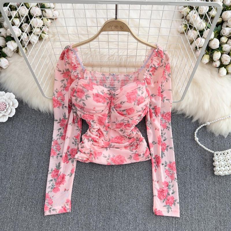 

Women's Blouses Fashionable Elegant Female Flower Shirts Spring Summer Square Collar Puff Long Sleeve Tulle Print Pleated Slim Sexy Women, White