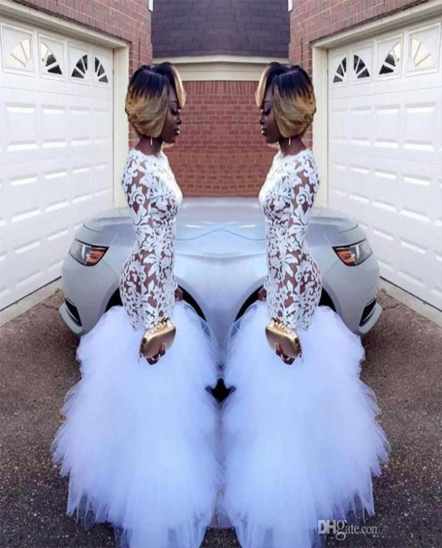 

2018 African White Mermaid Lace Prom Dresses for Black Girls Long Sleeves Ruffles Tulle Floor Length Plus Size Evening Prom Gowns 2793807, Gold