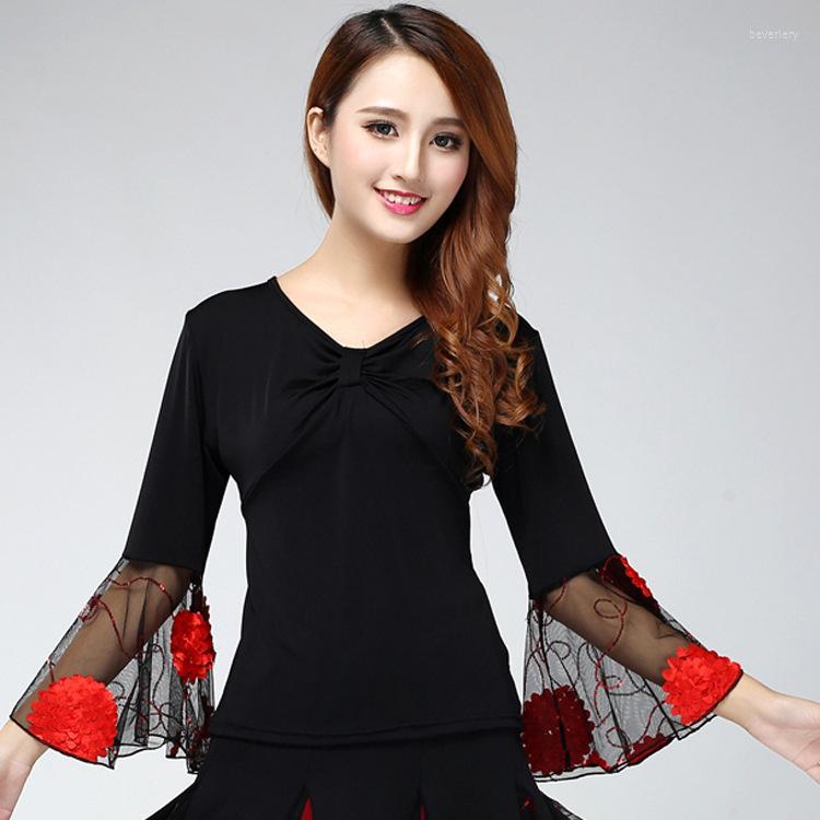 

Stage Wear Square Dance Blouse Girls Seven Point Sleeve Coat Female Modern National Practice Suit Top Costumes Rumba Samba D-0029, Rose