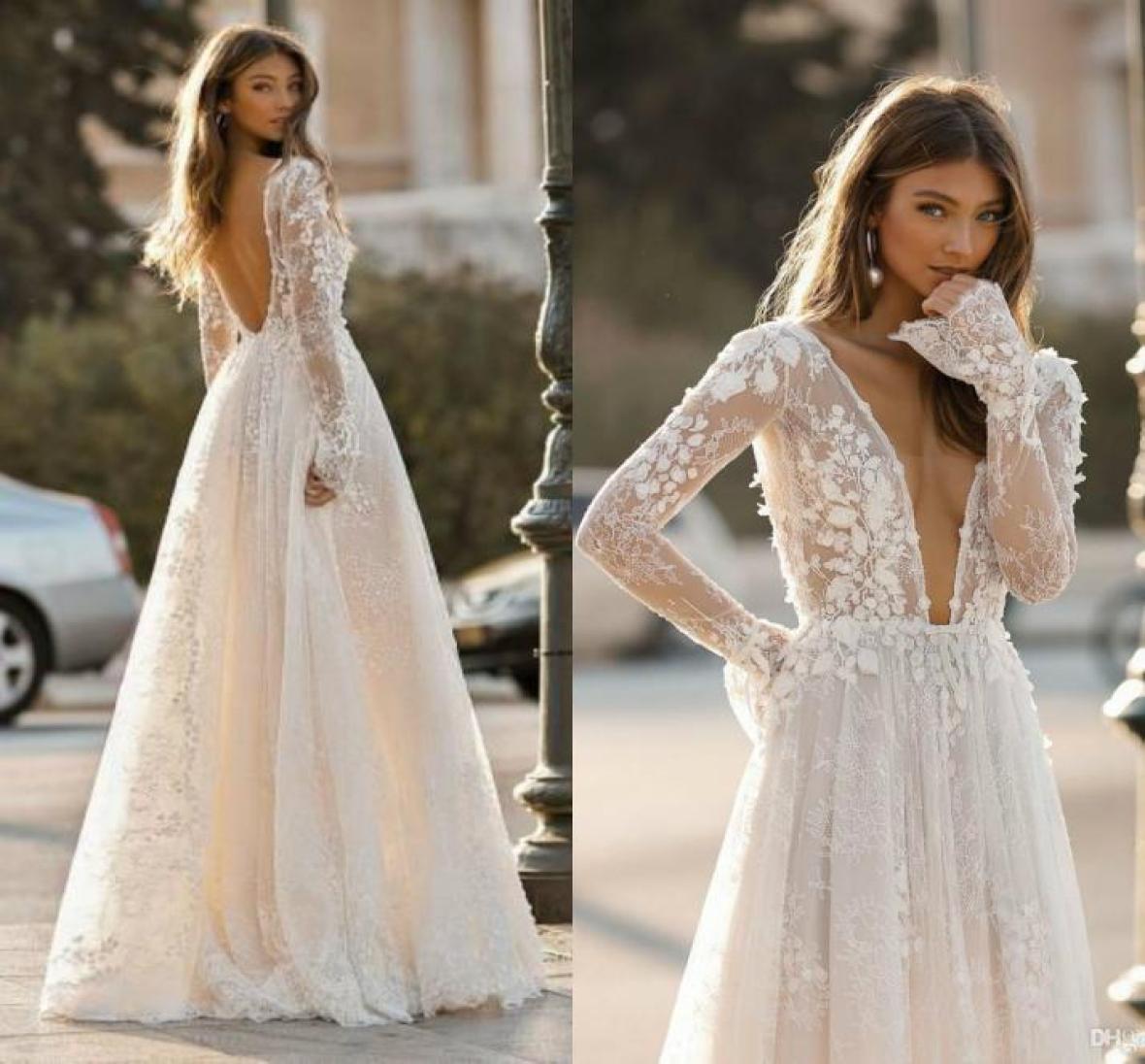 

Princess Berta Wedding Dresses Sexy Long Sleeves V Neck Lace Bridal Gowns Applique Backless Beach Wedding Dress plus size vestidos8840010, Silver