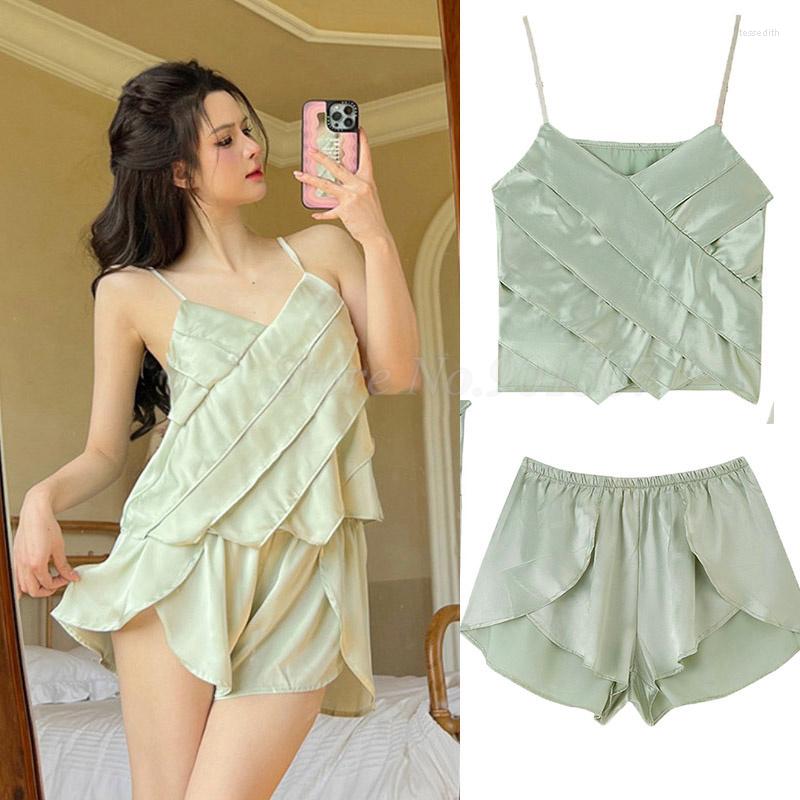 

Women's Sleepwear Green Ruffle Cami Shorts Set Women Sexy Satin Pajamas 2Pcs Loungewear Pour Femme Cozy Summer Home Clothes