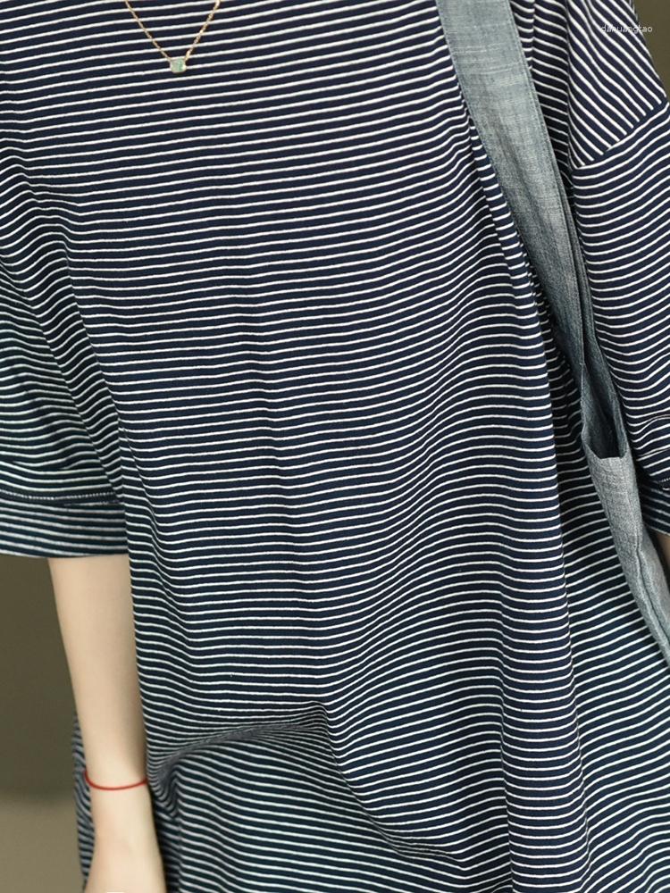 

Casual Dresses 115-122cm Bust 114-120cm Length Summer Women Loose Blue Striped Comfy Breathable Water Washed Knitted Cotton Long