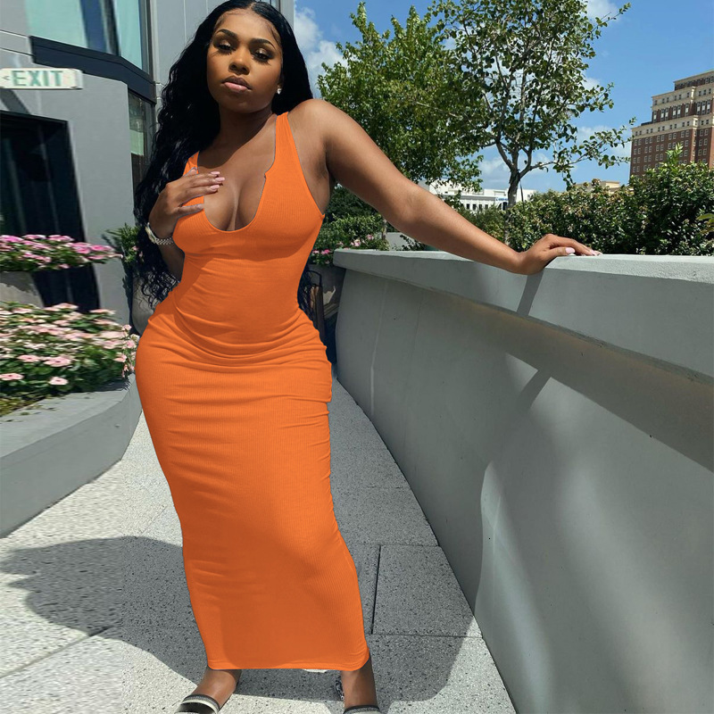 

Basic Casual Dresse Closefitting Sexy Ribbed Summer Sundress Solid Color Sleeveless Bodycon Long Dress PinkGreenBrownOrangeBlue 230627, Blue