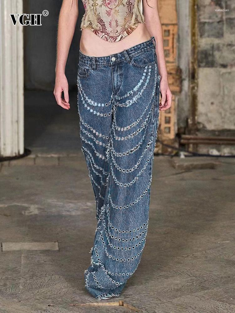 

Women' Jeans VGH Streetwear Hole Hollow Out High Waist Straight Casaul Loose Wide Leg Trousers Fashion Clothing 2023 Summer Style, Black