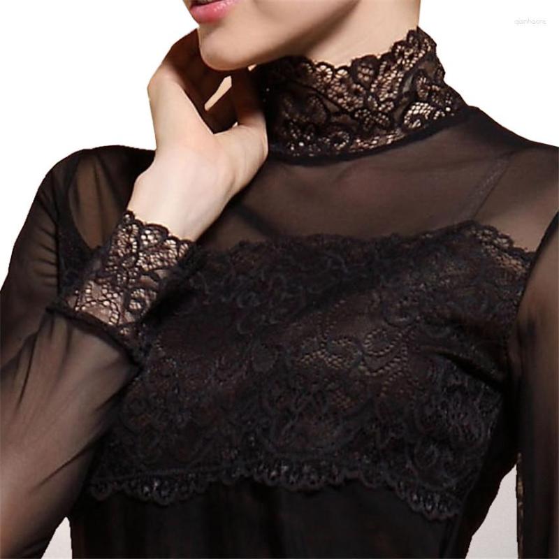 

Women's Blouses 2023 Fashion Spring Women Lace Turtleneck Mesh Shirts All-match Ladies Tops Pullovers Brief Autumn Bottomings WZ293, Black