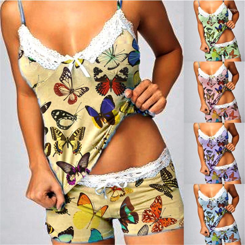 

Women' Sleepwear Summer 2023 Butterfly Print Sexy Lace Women Pyjama Set Sleeveless Cami Top Elastic Shorts Casual Homewear Suit Pajama, Green