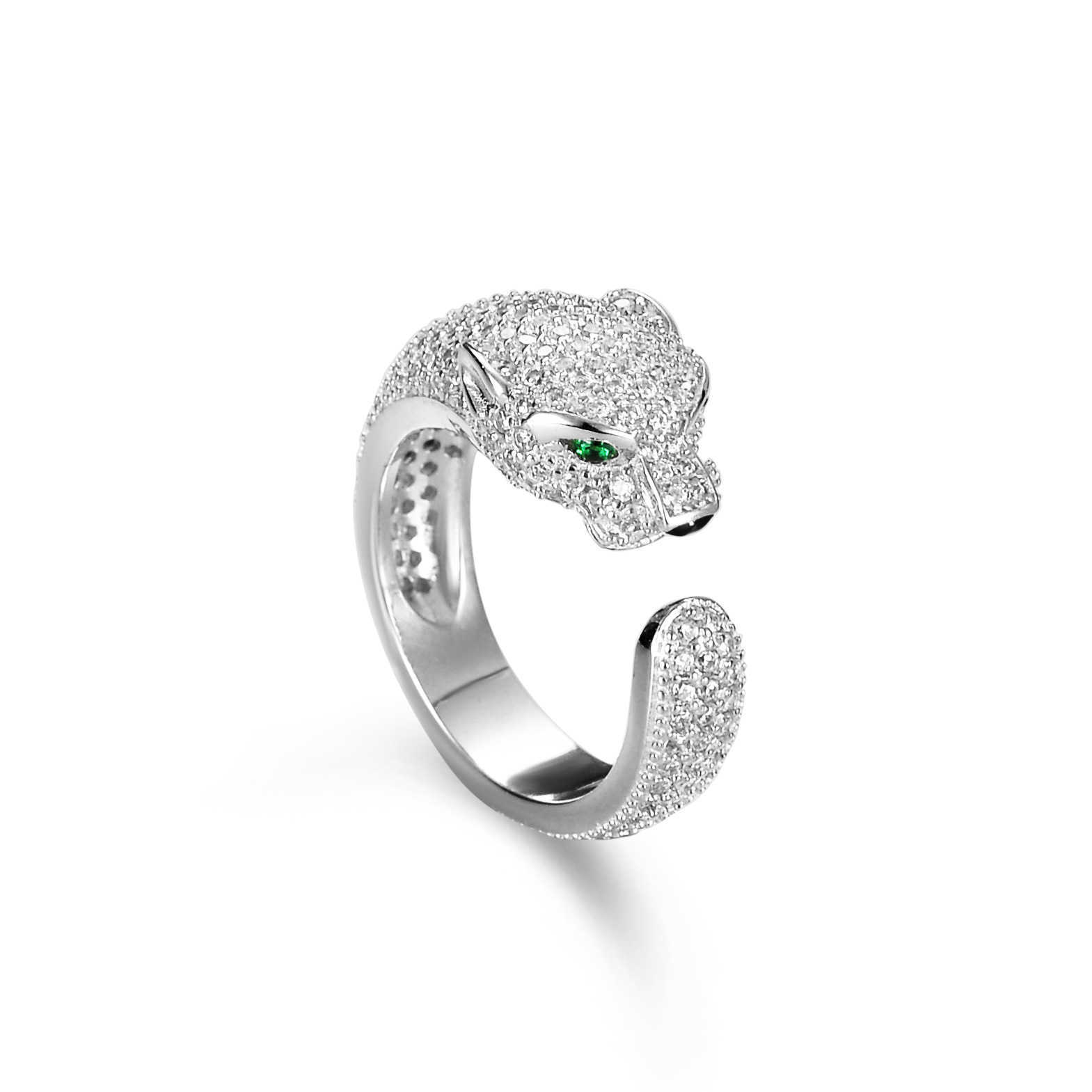 

Original designer Carti Sterling Silver 925 Leopard Head Cheetah Emerald Full Diamond Design Inlaid with Opening Stone Small Ring