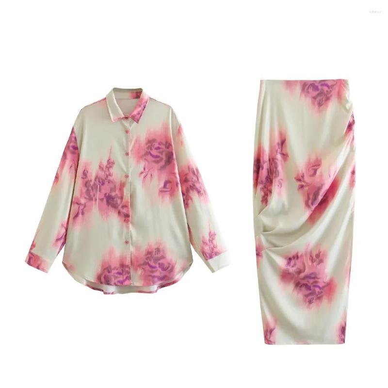 

Skirts Summer Floral Print Women Blouse Skirt Suit Long Sleeve Loose Shirt High Waist Female Ruched Sexy Maxi 2 Piece Sets, 2 pcs set