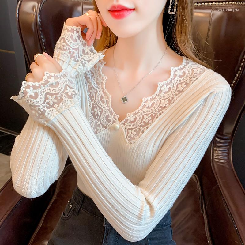

Women's Sweaters TuangBiang Autumn 2023 Lace Patchwork V-Neck Sweater Button Women Ribbed Pullover Long Sleeves Knit Lady Elegant Elasticity, Black