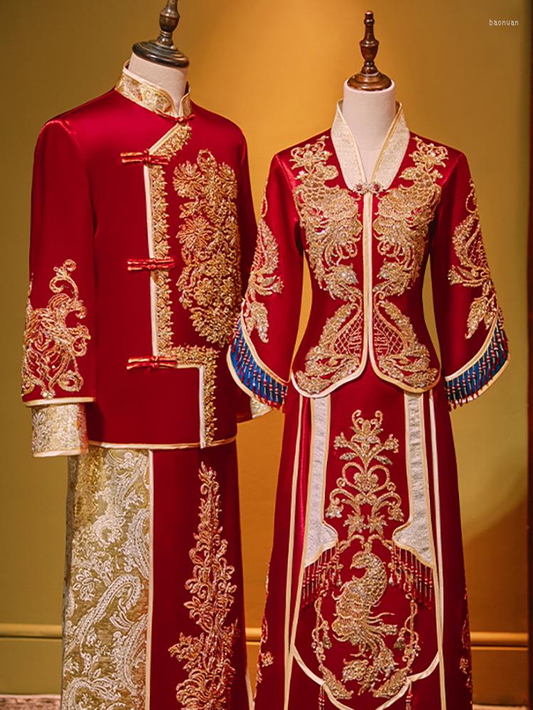 

Ethnic Clothing Chinese Style Couple Wedding Dress Marriage Set Elegant Sequins Beading Embroidery Cheongsam Costume
