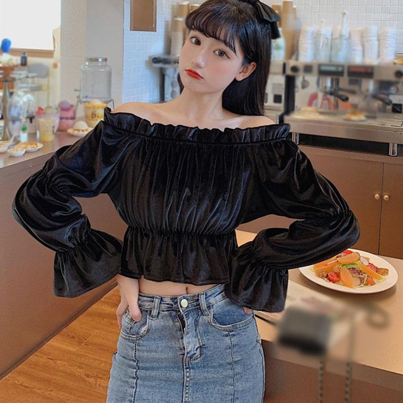 

Women's Blouses Gold Velvet Off Shoulder Women Long Sleeve Autumn Black French Style Elegant Shirt Tops