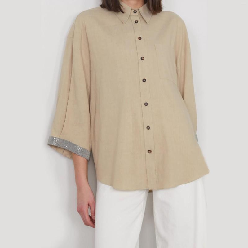 

Women' T Shirts 2023 Spring Summer Women Casual Shirt High Elegant Solid Color Lapel And Youth Female Lantern Sleeve Quality B/C, Light brown