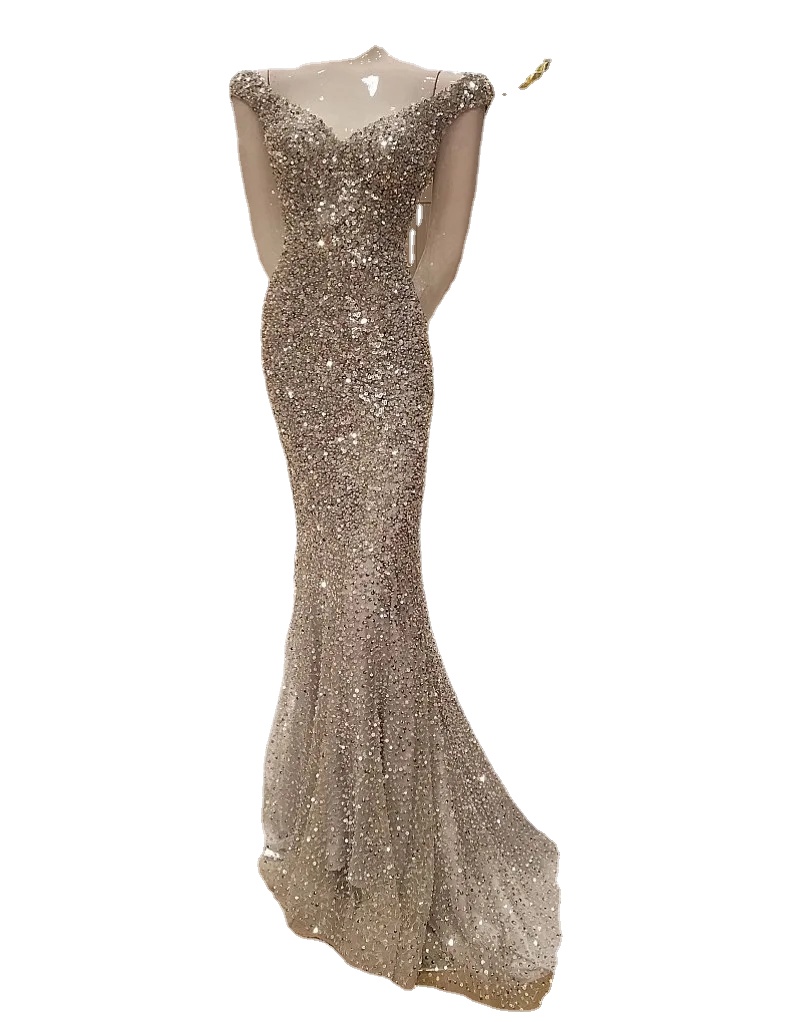 

Vestidos Luxury Silver Mermaid Evening Formal Dress Sexy Bling Sequins Crystal Long Party Prom Gown Robe De Soiree Vestido De Fiesta, Champagne