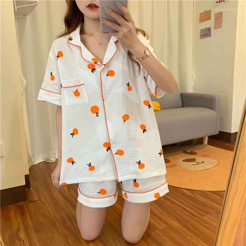 

Women's Sleepwear Crepe Cotton Gazue Summer Women Pajama Set Orange Casual Home Suit Comfortable Outwear Shorts Short Sleeve Pijama D166, White