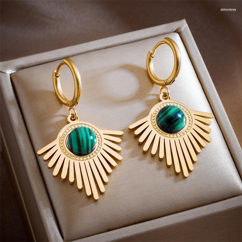 

Hoop Earrings 316L Stainless Steel Bohemian Fan-Shaped Green Stone For Women Vintage Girls Ear Jewelry Party Gifts Drop
