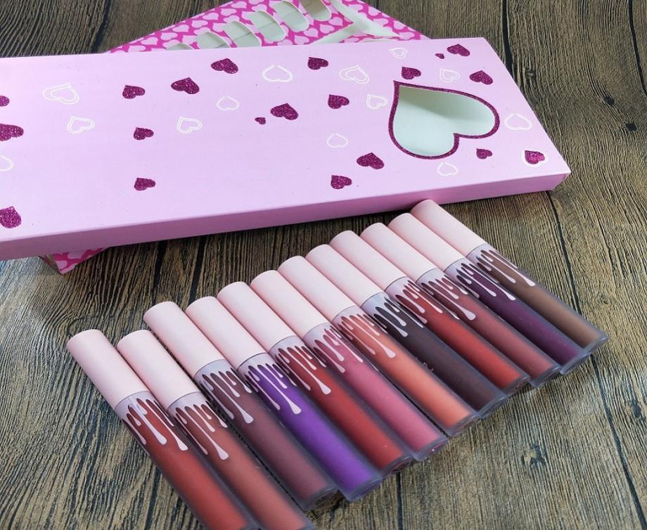 

Makeup pink box netwt poids net 12011 fi oz 3225ml Brand Matte Lip Gloss maquillage make up lipgloss 12pcsset lipstick1465029, Mixed color