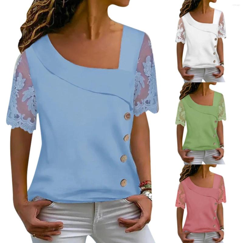 

Women's T Shirts Summer Fashion Ladies Tops Solid Color Double Layer Slanted Neck Lace Short Sleeves Casual Shirt, Green