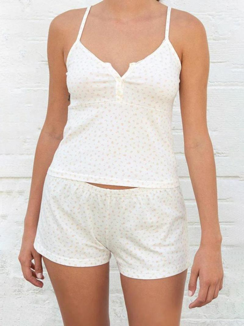 

Women' Tracksuits Women Summer Clothes Set Floral/ Dot Print Button V-neck Sleeveless Camisole Elastic Shorts Clubwear 2Pcs Female, Black