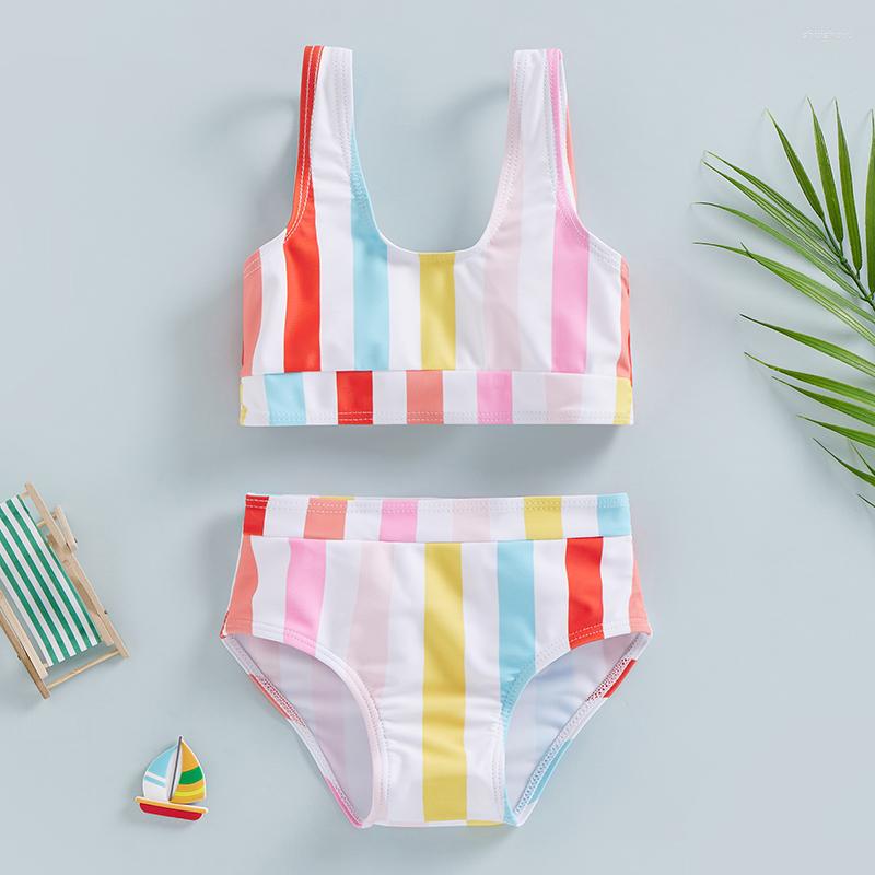 

Women's Swimwear Toddler Girl's Summer Bikini Set Rainbow Stripe Print U-Neck Vest High Waist Triangle Shorts Swimsuit Bathing Suit, Picture shown