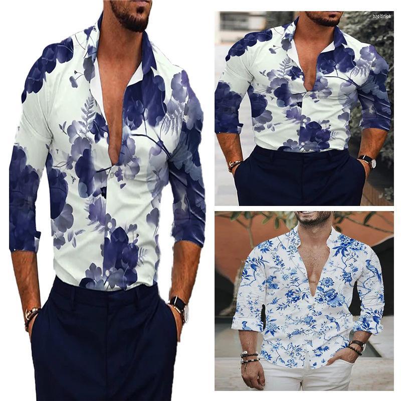 

Men' Casual Shirts Men' Men' Loose Long Sleeve Shirt Plum Blossom Ink Painting Top, Dark blue