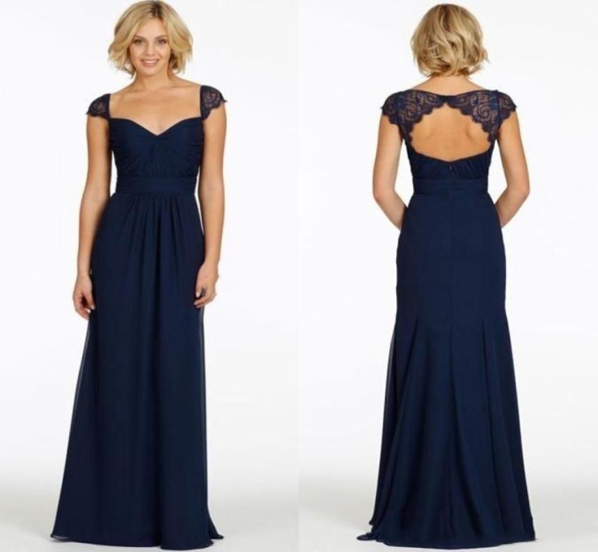 

2020 Charming Dark Navy Bridesmaid Dresses Chiffon Sweetheart Cap Sleeve Backless Vintage Cheap Evening Dress Long Party Prom Gown7047839