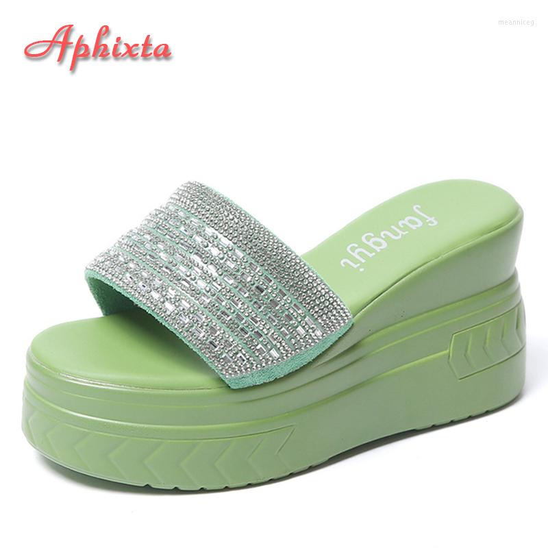 

Slippers Aphixta Summer Crystals 9cm Wedge Heels Platform Women Bling Height Increasing Sandals Thick Sole Shoes Slides, White