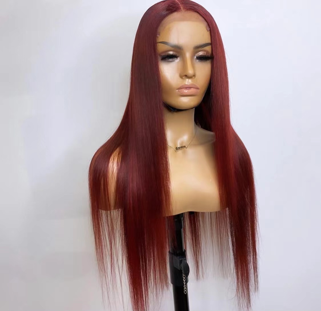 

Long Straight Lace Front Wig For Women Smooth Wig Red Wine Lace Wigs High Density Daily wigs, Burgundy