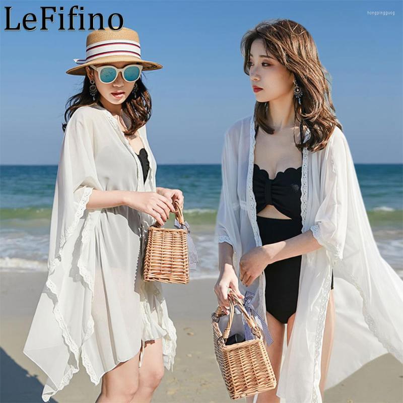 

Women's Swimwear Summer Fashion Chiffon Solid Lace Spring Medium Length Cardigan Loose Fitting Sun Protection Coats Bikini Cover Up For