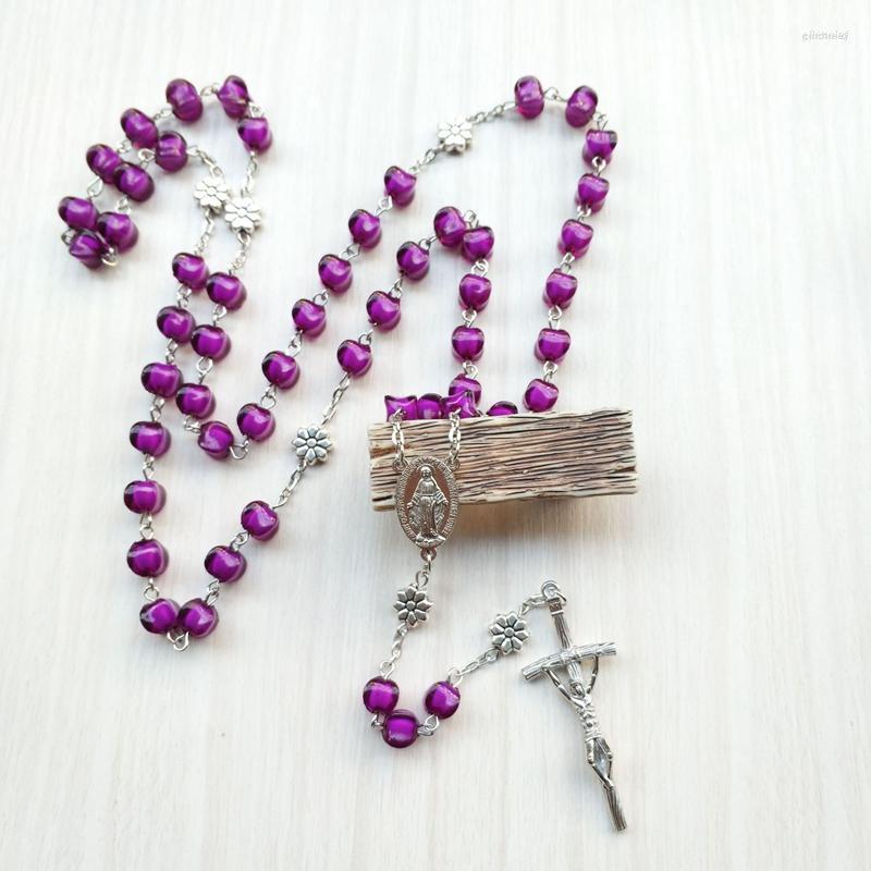 

Pendant Necklaces QIGO Vintage Jesus Cross Rosary Necklace Purple Acrylic Long For Women Religious Jewelry