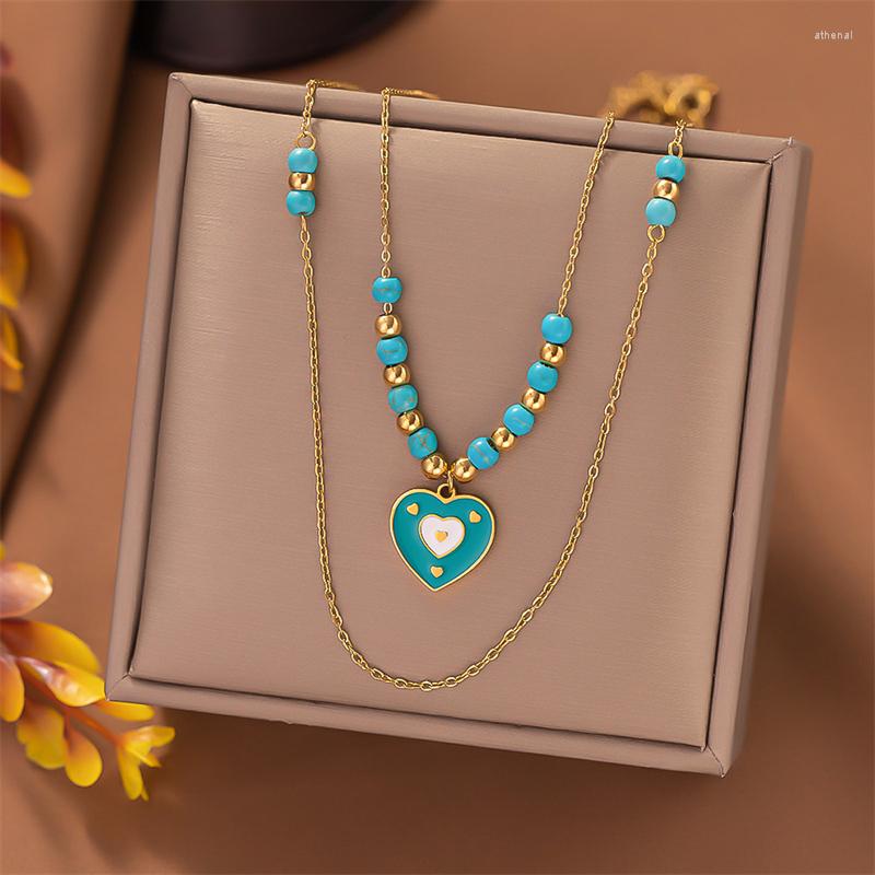 

Pendant Necklaces 316L Stainless Steel Fashion Fine Jewelry 4 Styles Beaded Love Heart Charm Thick Chain Choker Pendants For Women